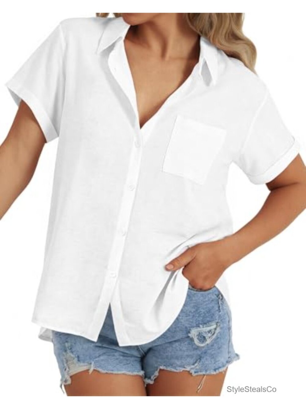 Short Sleeve Cotton Gauze Button Down Shirt with Pockets